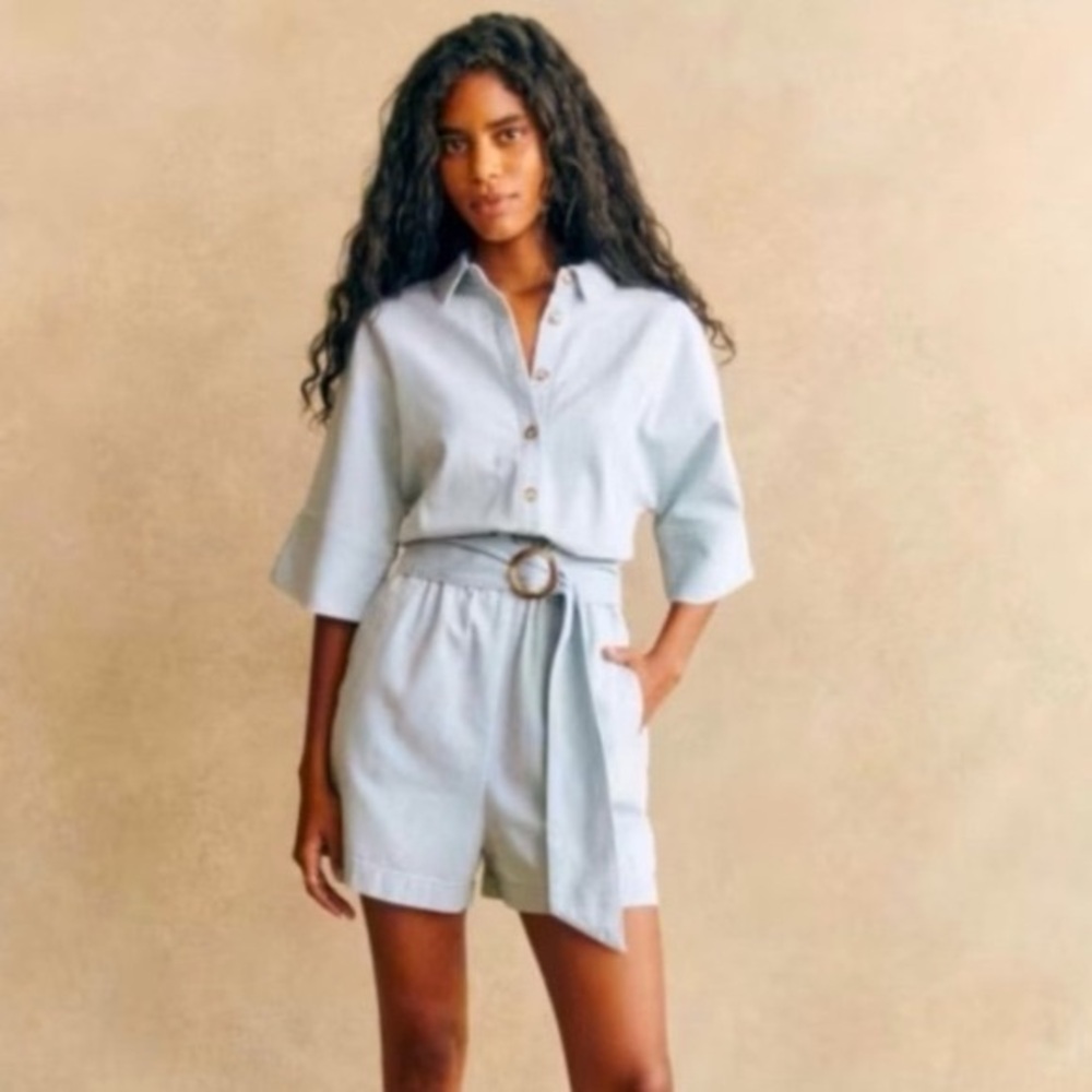 Sezane Light Blue Linen Belted Romper